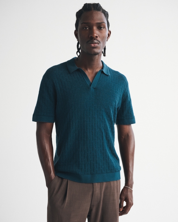 100% Cotton Johnny Collar Sweater Polo, Navy Teal view 1