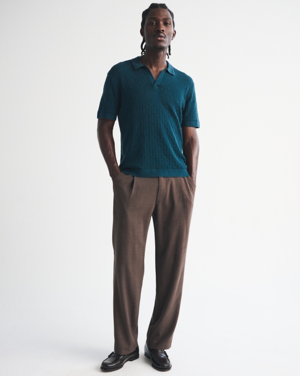 100% Cotton Johnny Collar Sweater Polo, Navy Teal view 2