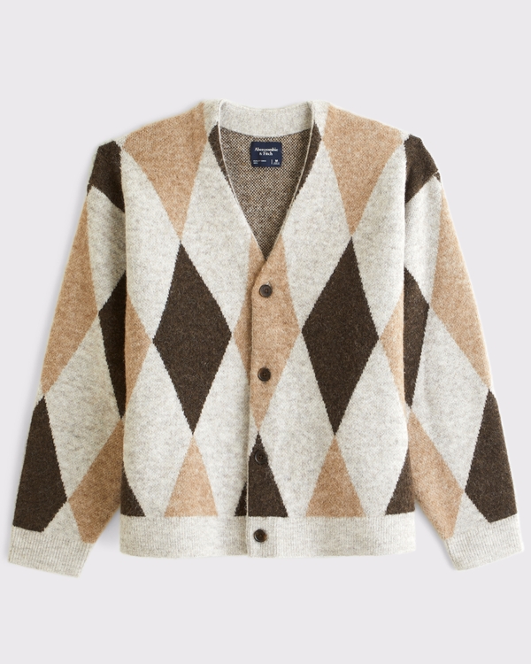 Fuzzy Texture Argyle Cardigan Sweater, Brown view 1