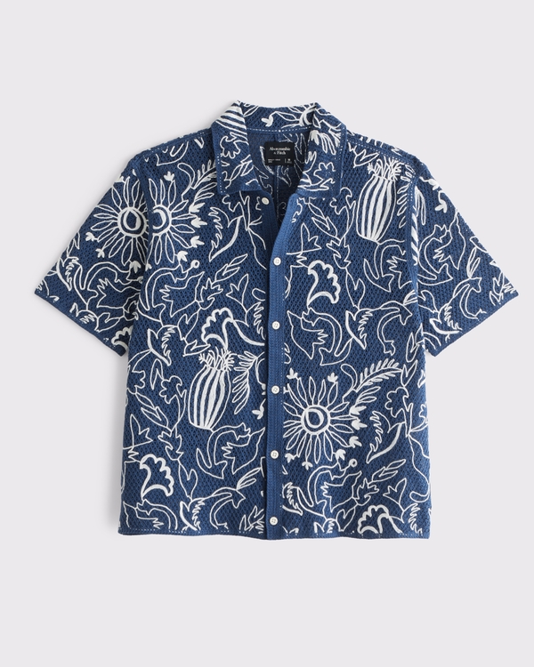 Crochet-Style Button-Through Sweater Polo, Blue Pattern view 1