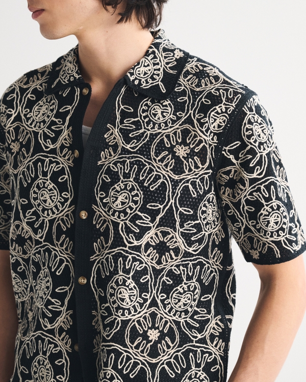 Crochet-Style Button-Through Sweater Polo, Black Pattern view 1