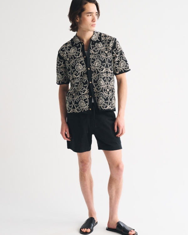 Crochet-Style Button-Through Sweater Polo, Black Pattern view 2