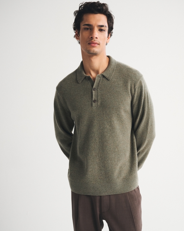 100% Merino 3-Button Collared Sweater, Olive view 1