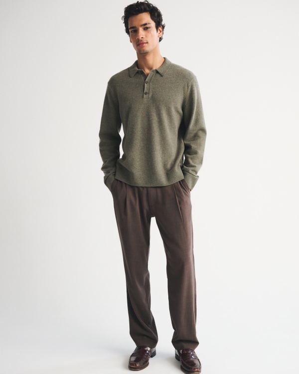 100% Merino 3-Button Collared Sweater, Olive view 2