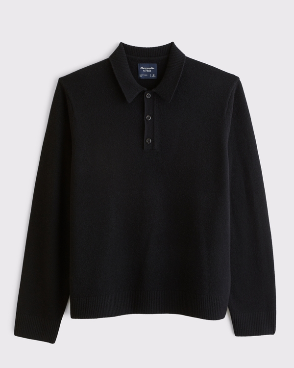 100% Merino 3-Button Collared Sweater, Black view 1