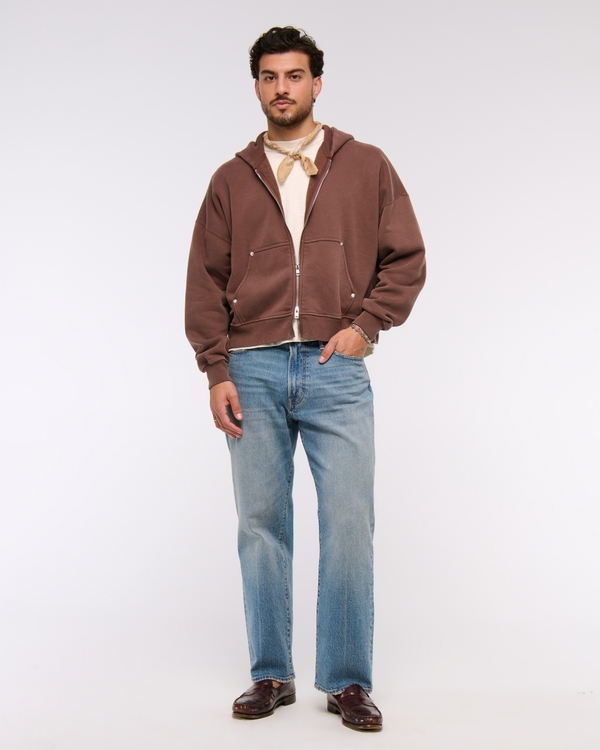 Cropped Essential Full-Zip Hoodie, Brown view 1