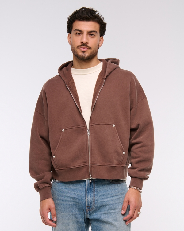 Cropped Essential Full-Zip Hoodie, Brown view 2