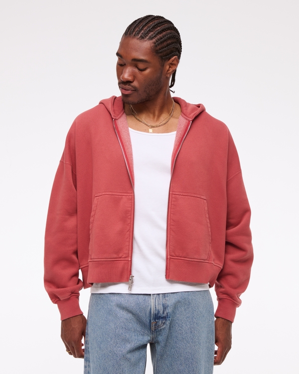 Cropped Essential Full-Zip Hoodie, Red Clay view 1