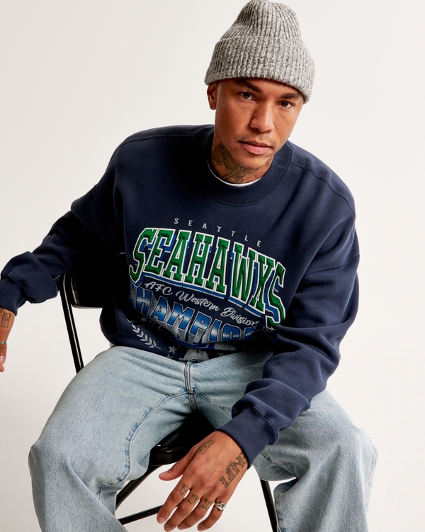 Seattle Seahawks Graphic Crew Sweatshirt, Navy Blue Texture