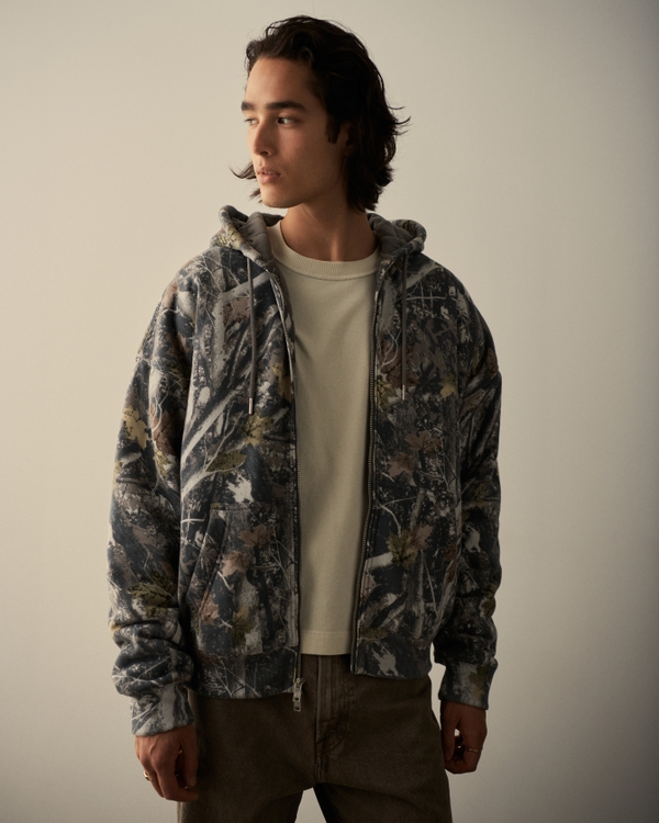 Essential Quilted Full-Zip Hoodie, Grey Camo