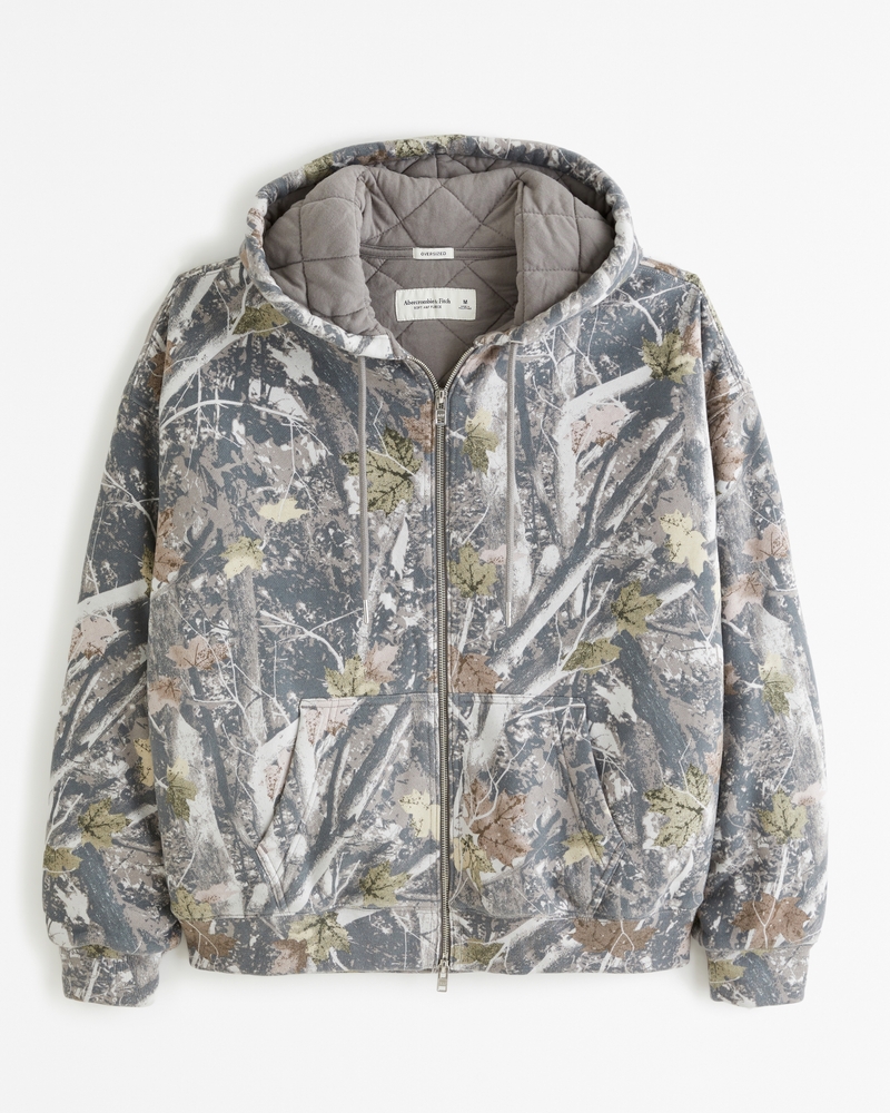 Men's Essential Quilted Full-Zip Hoodie in Grey Camo | Size XXL | Abercrombie & Fitch