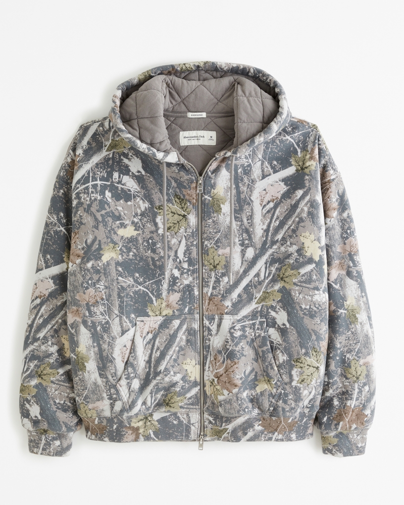 Essential Quilted Full Zip Hoodie in grey camo