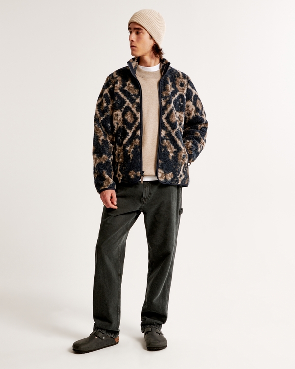 Pattern Sherpa Full-Zip Jacket, Navy Blue Pattern