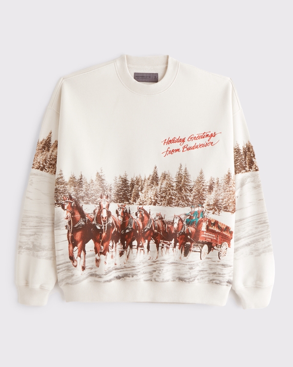 Budweiser Graphic Crew Sweatshirt, Warm Beige Pattern view 1