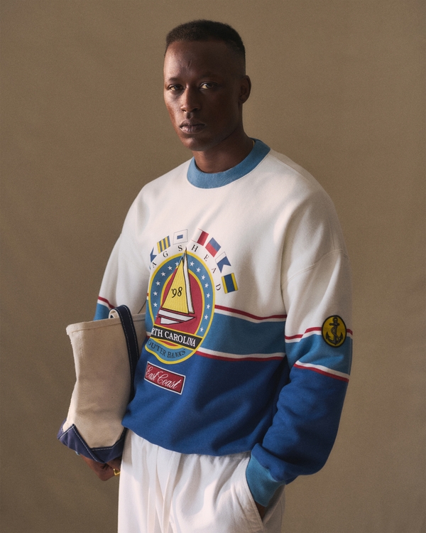 Nautical Graphic Crew Sweatshirt, Cream Pattern view 1