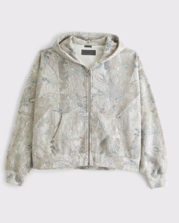 Cropped Essential Full-Zip Hoodie, Taupe Camo view 1