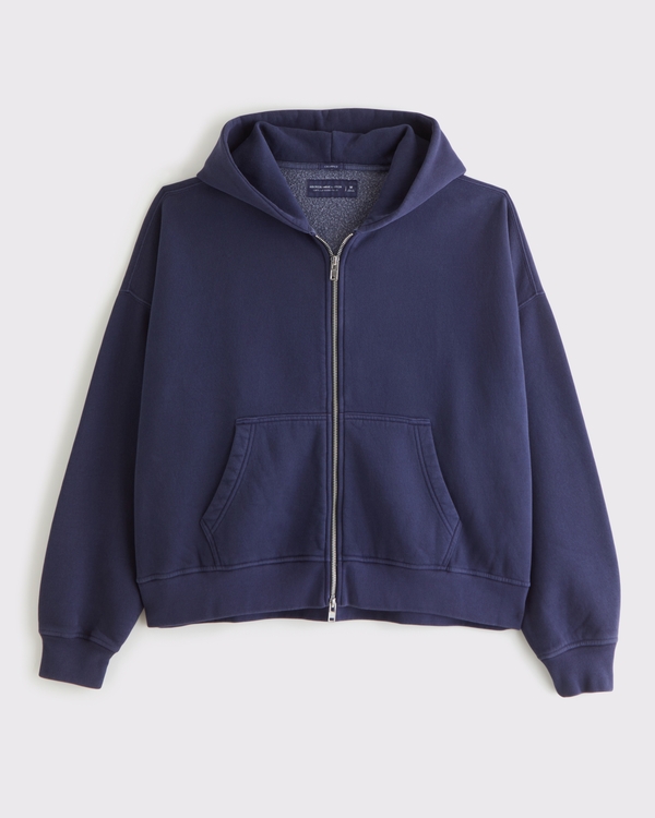 Cropped Essential Full-Zip Hoodie, Navy view 1