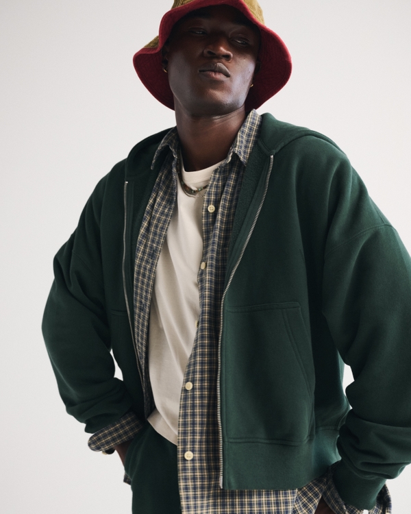 Cropped Essential Full-Zip Hoodie, Dark Spruce view 1
