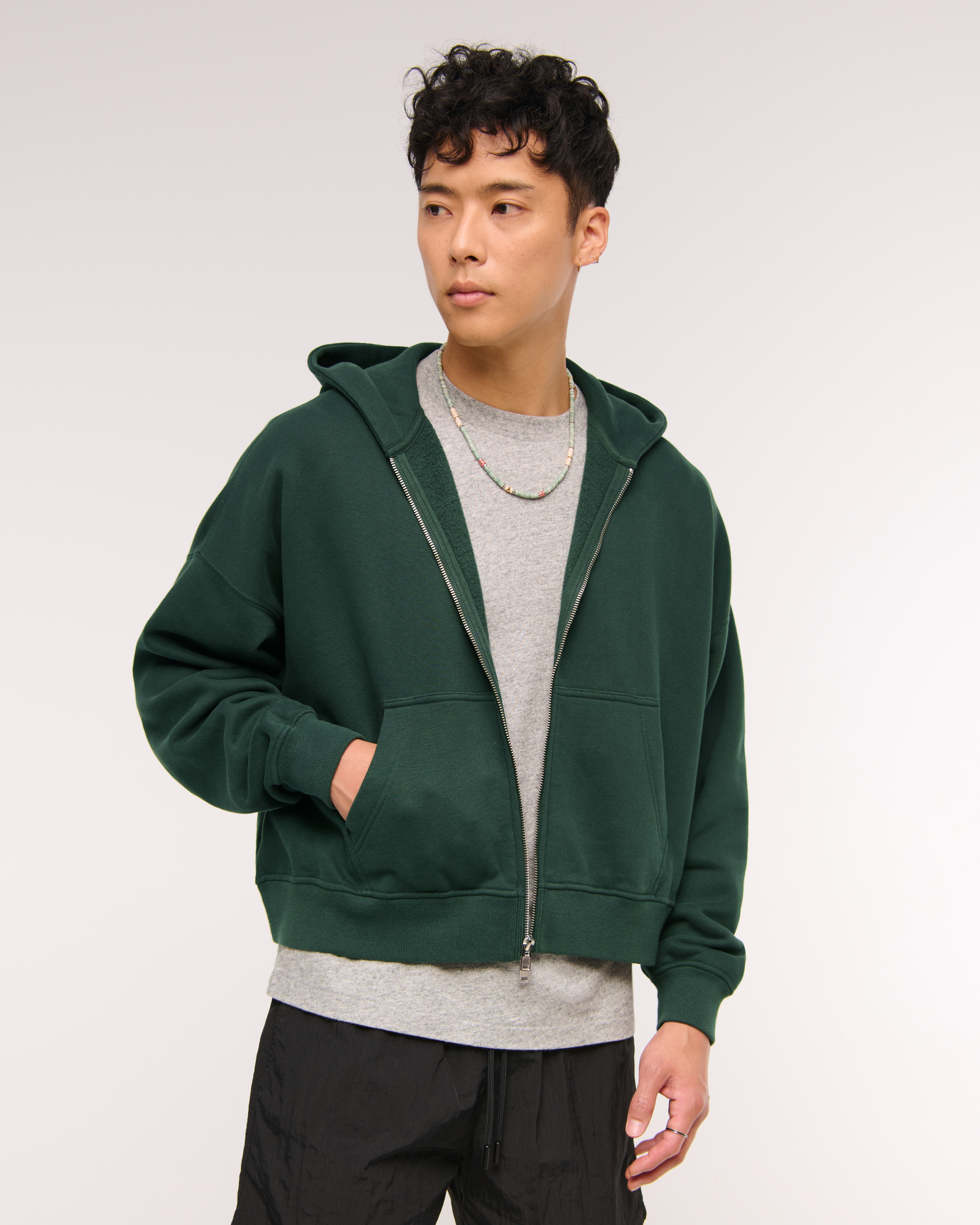 Abercrombie & Fitch Essential Cropped Full-zip Hoodie In Green