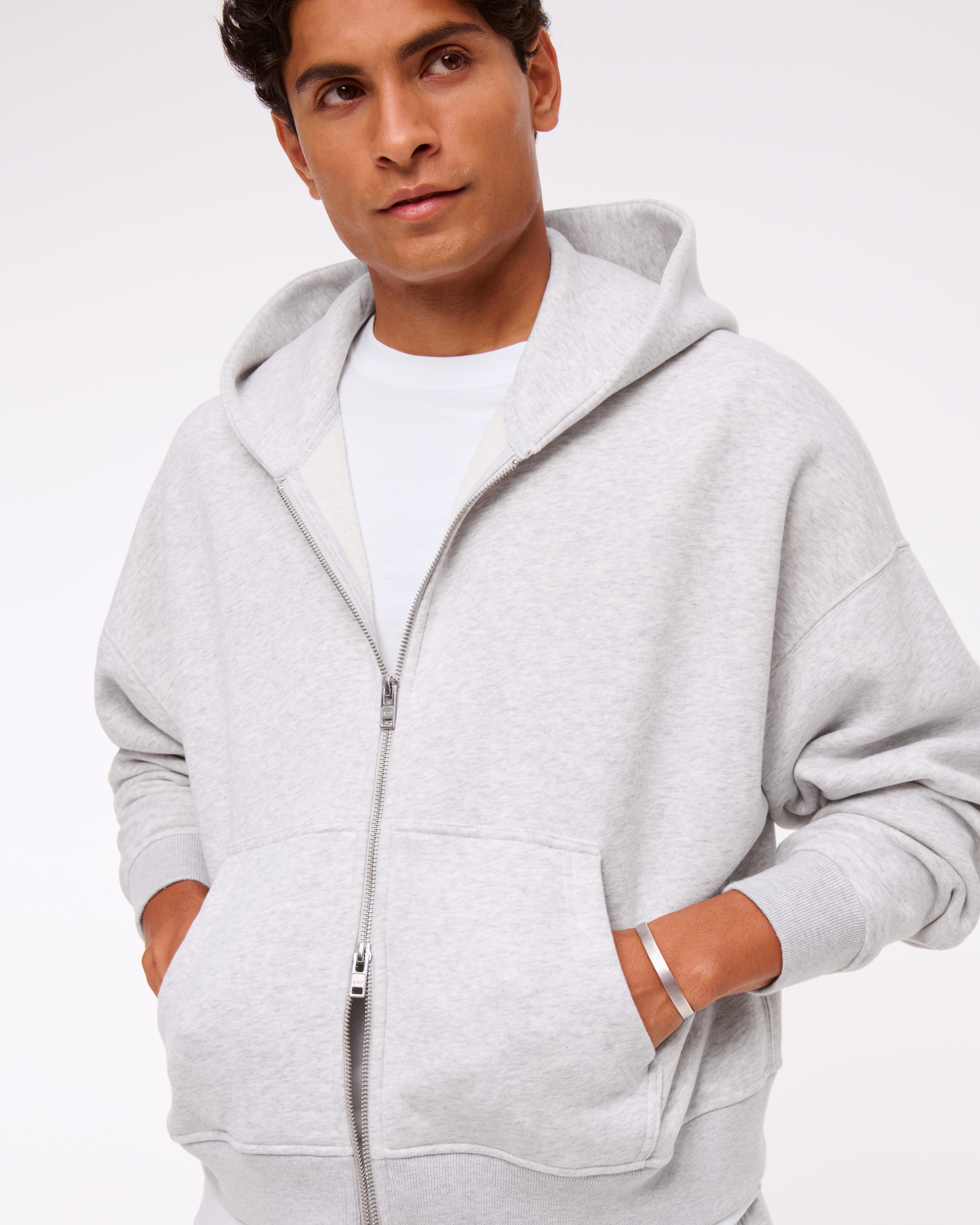 Abercrombie & Fitch Essential Cropped Full-zip Hoodie In White