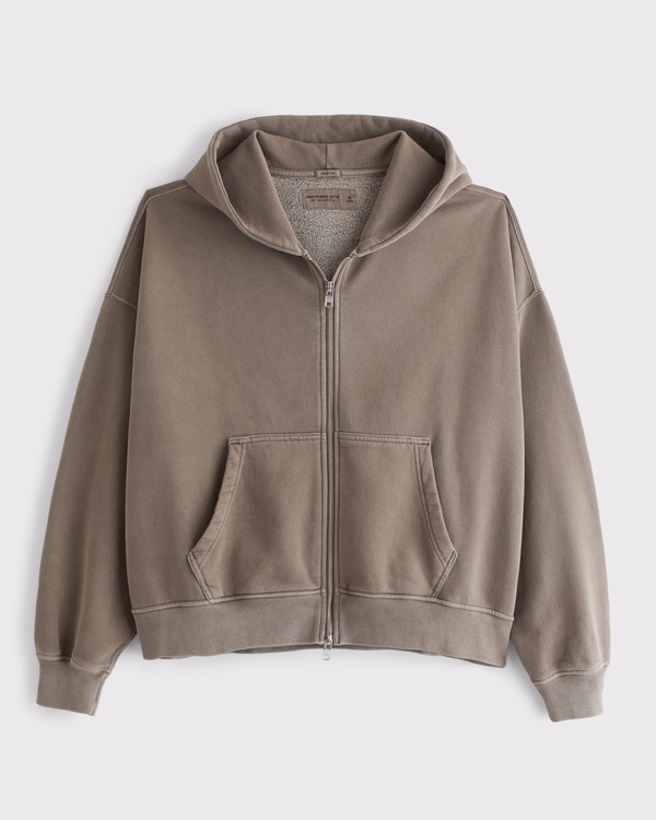 Cropped Essential Full-Zip Hoodie, Gray Brown view 1