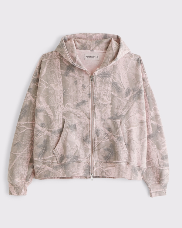 Essential Cropped Full-Zip Hoodie, Pink Camo view 1