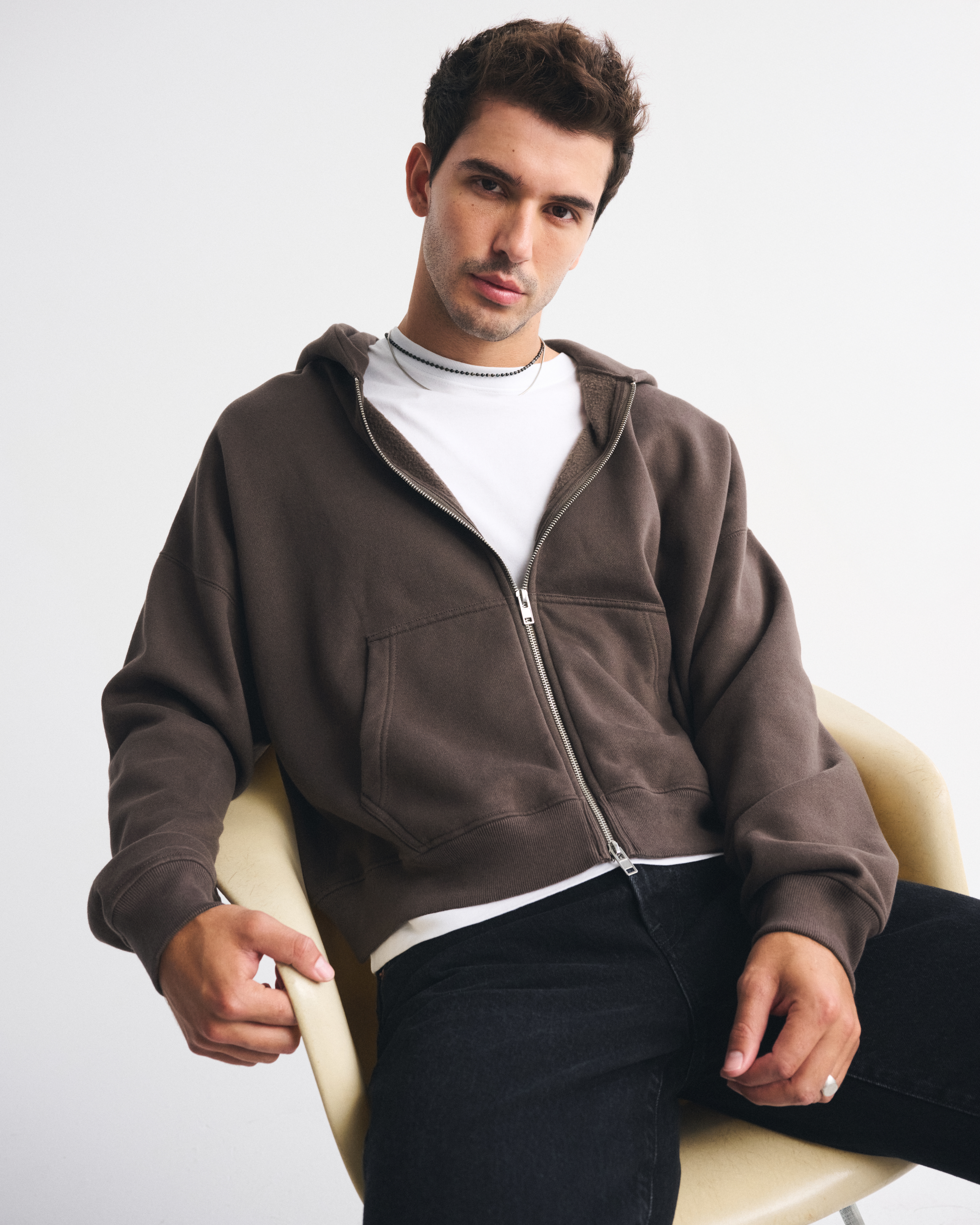 Abercrombie & Fitch Essential Cropped Full-zip Hoodie In Brown