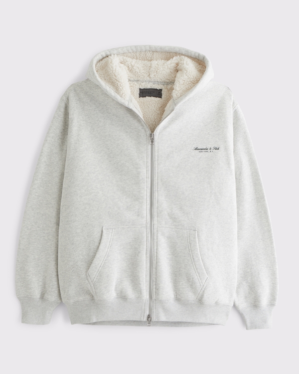 Sherpa-Lined Logo Full-Zip Hoodie, Light Heather Gray view 1