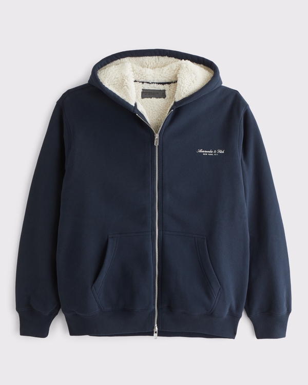 Sherpa-Lined Logo Full-Zip Hoodie, Dark Indigo view 1