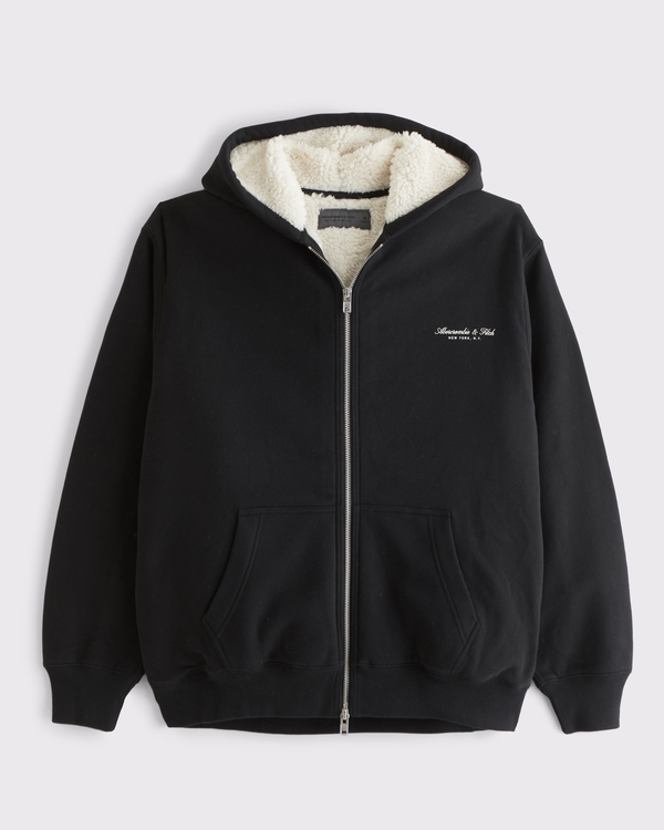 Sherpa-Lined Logo Full-Zip Hoodie, Black view 1