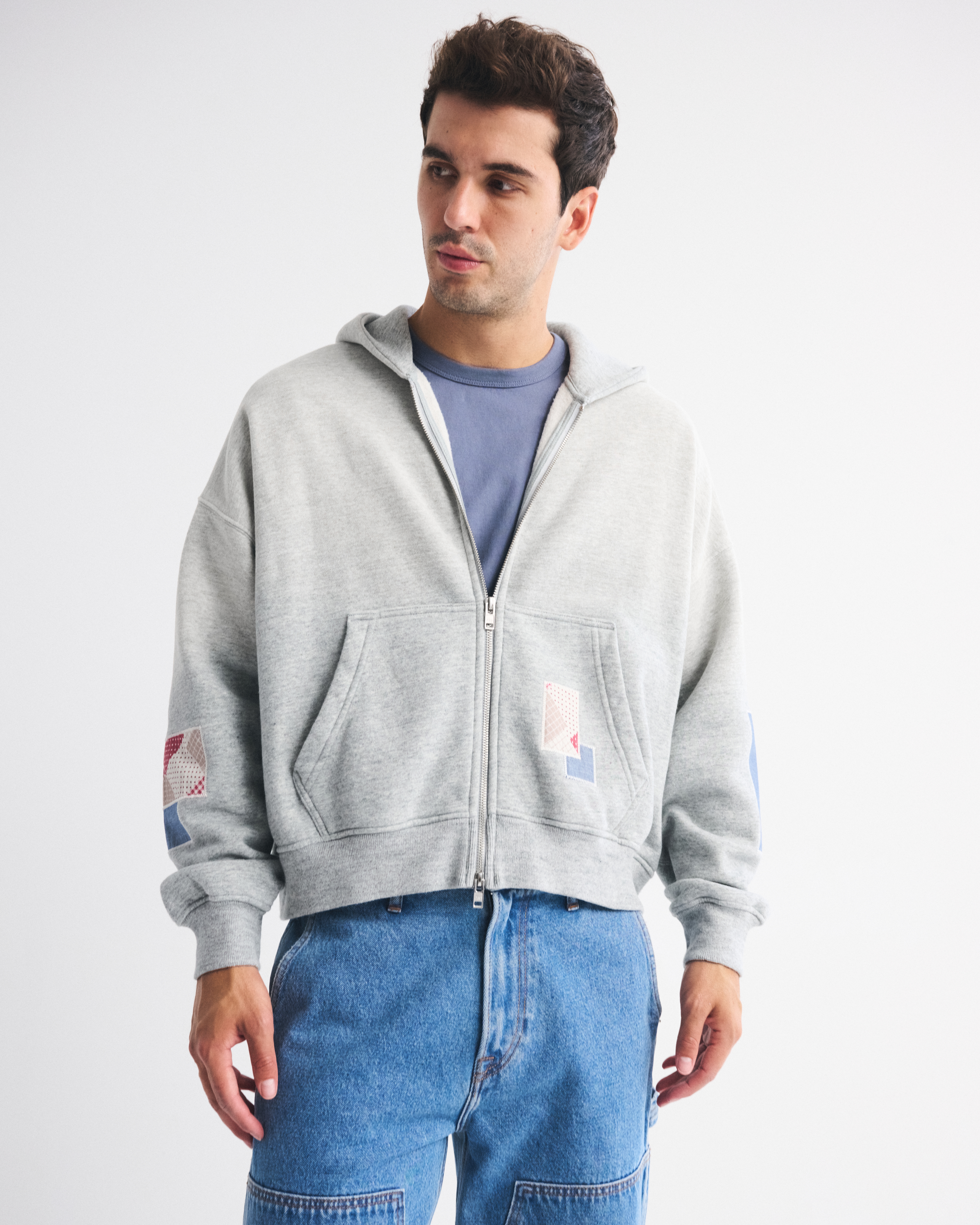 Abercrombie & Fitch Essential Cropped Full-zip Hoodie In Gray