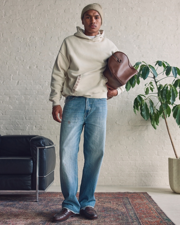 Essential Popover Embroidered Hoodie, Warm Beige Embroidered view 1