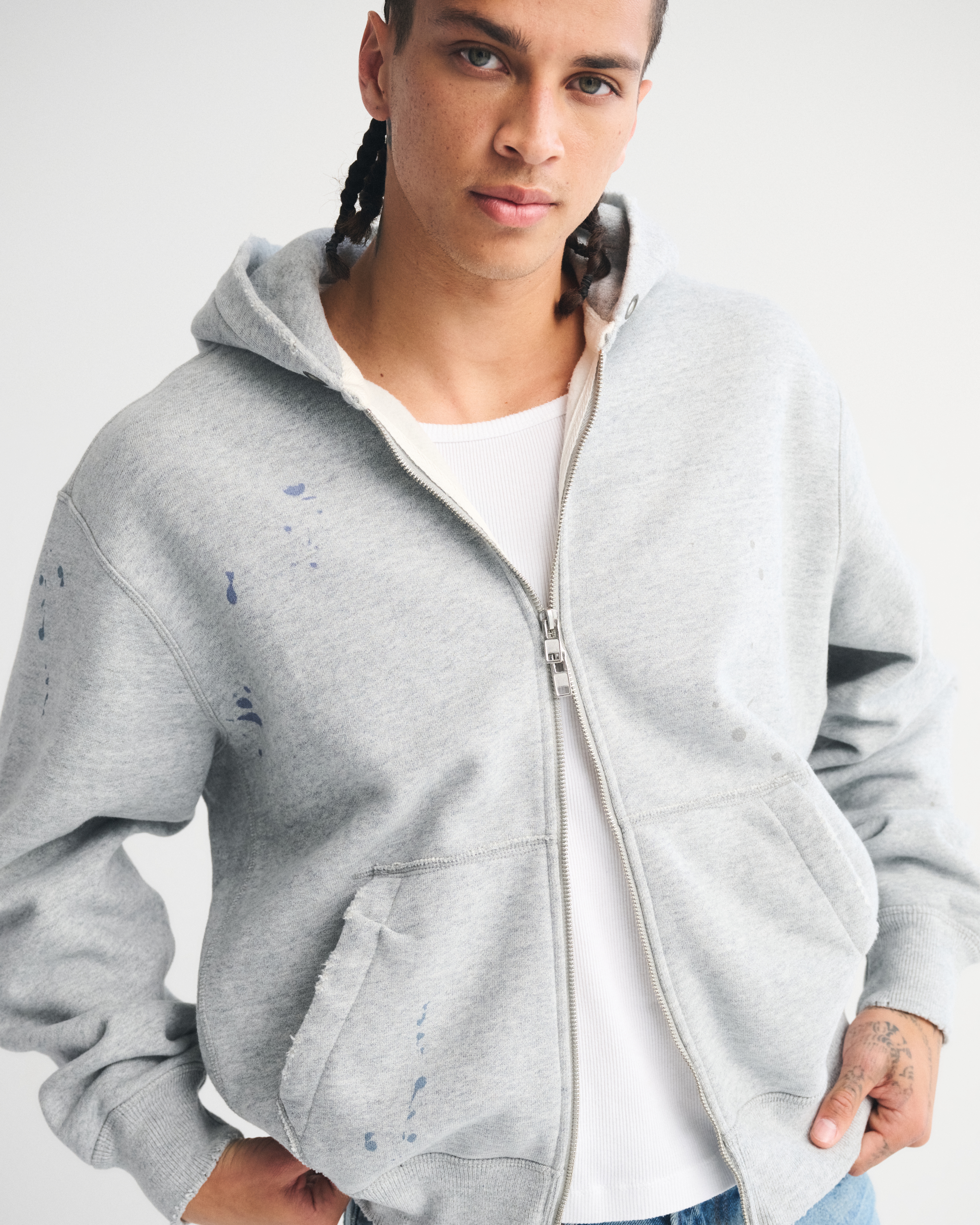 Abercrombie & Fitch Paint Splatter Full-zip Hoodie In Gray