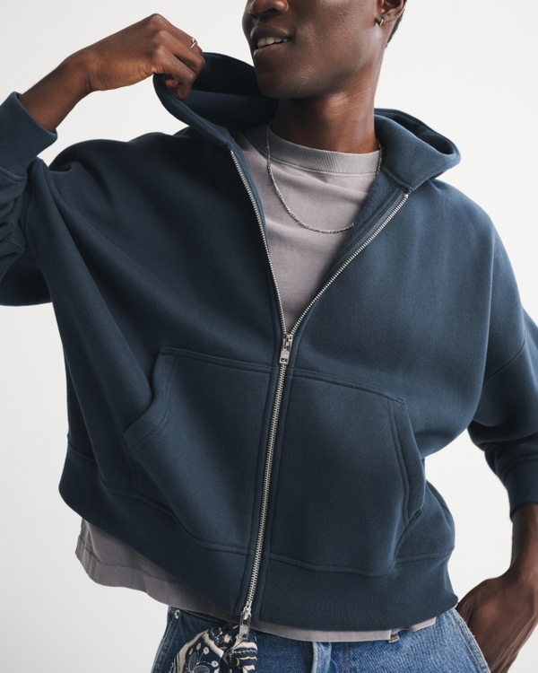 Essential Cropped Full-Zip Hoodie, Navy view 1