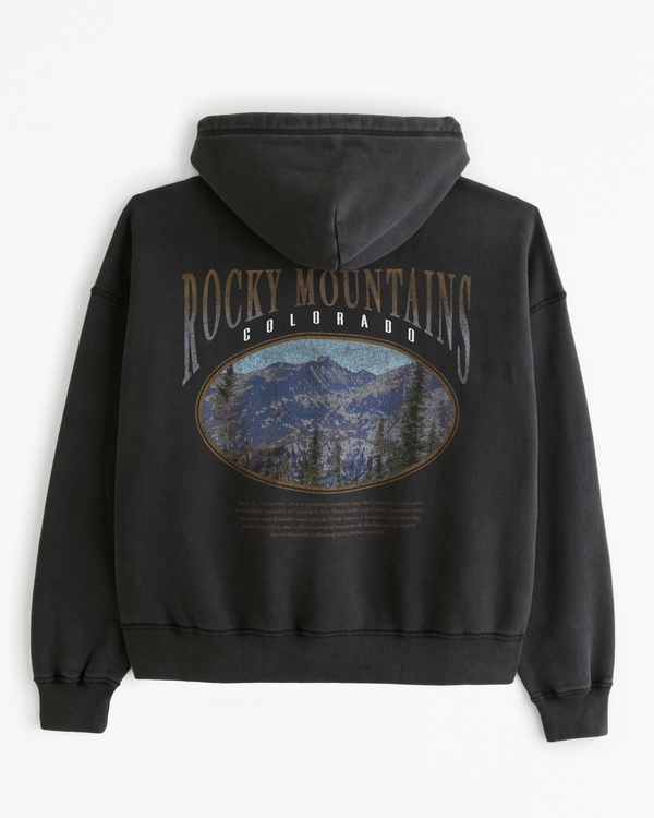 Rocky Mountains Cropped Graphic Popover Hoodie, Black