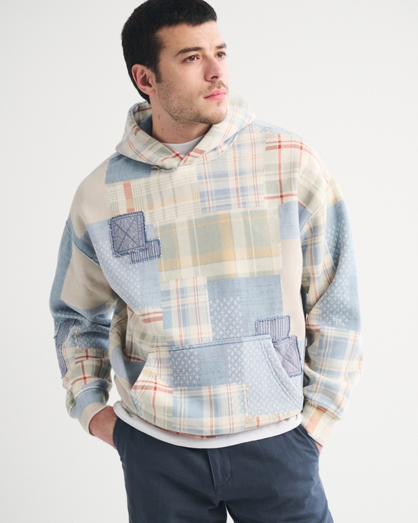 Essential Popover Patchwork Embroidered Hoodie, Light Blue Pattern view 2