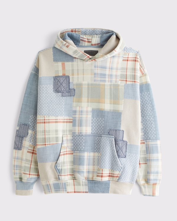 Essential Popover Patchwork Embroidered Hoodie, Light Blue Pattern view 1