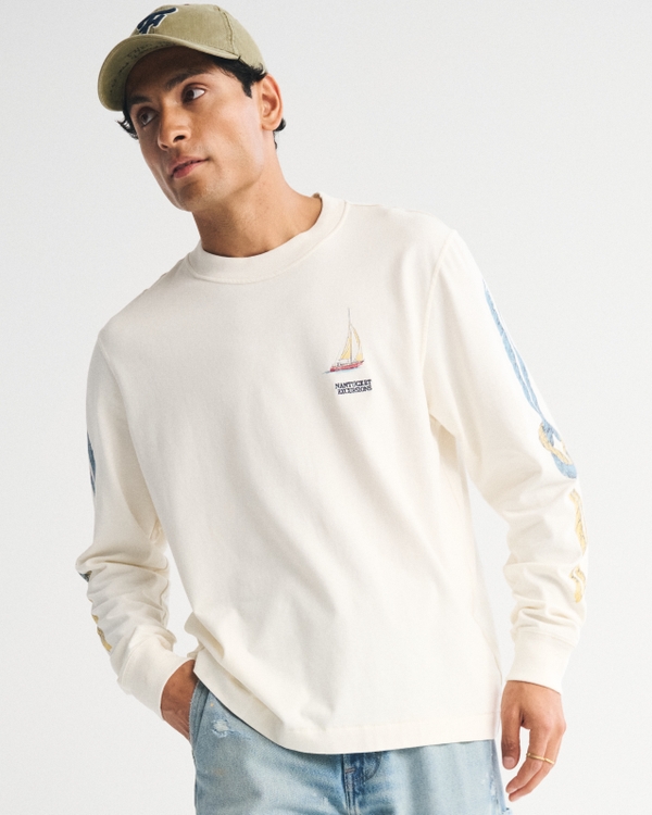 Long-Sleeve Premium Heavyweight 2.0 Nantucket Graphic Tee, Cream view 1