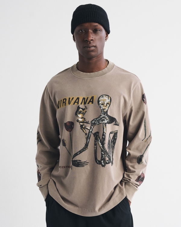 Nirvana Long-Sleeve Premium Heavyweight 2.0 Graphic Tee, Taupe view 1