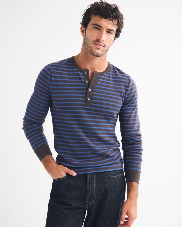 Essential Slim Ribbed Henley, Brown Stripe view 1