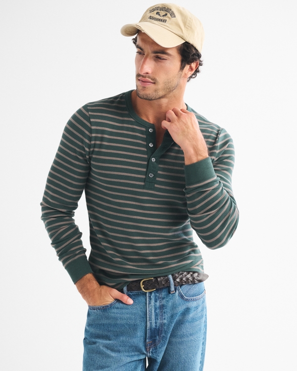 Essential Slim Ribbed Henley., Green Stripe view 1