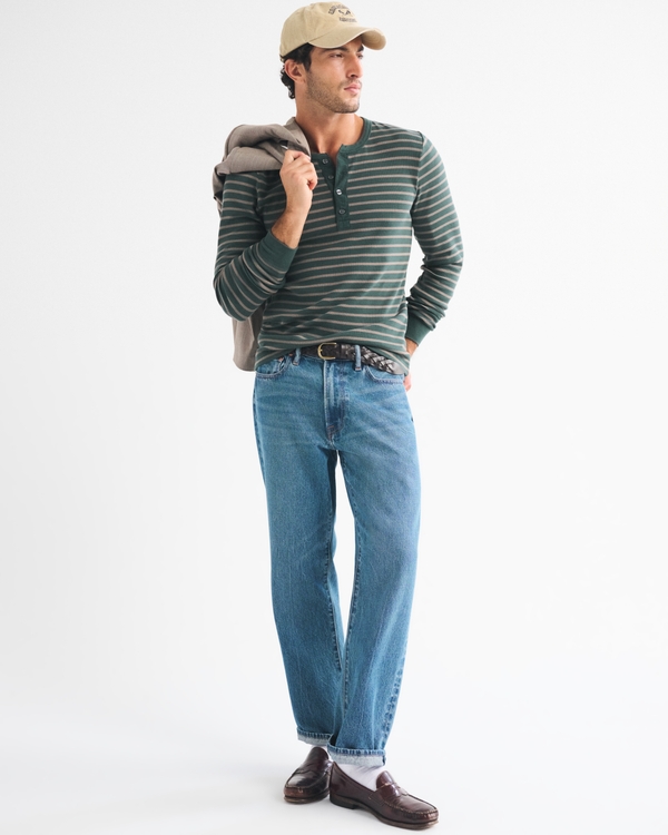 Essential Slim Ribbed Henley., Green Stripe view 2