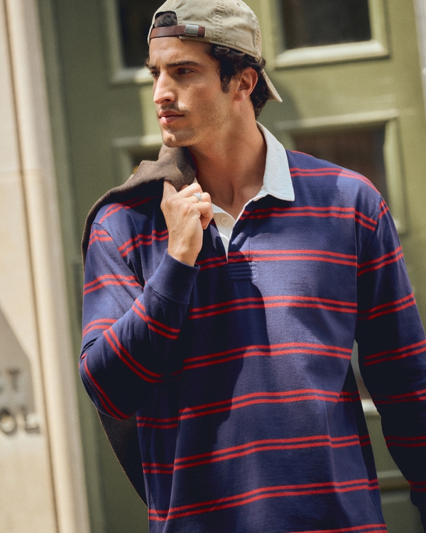 Premium Heavyweight Rugby Polo, Navy Stripe view 1