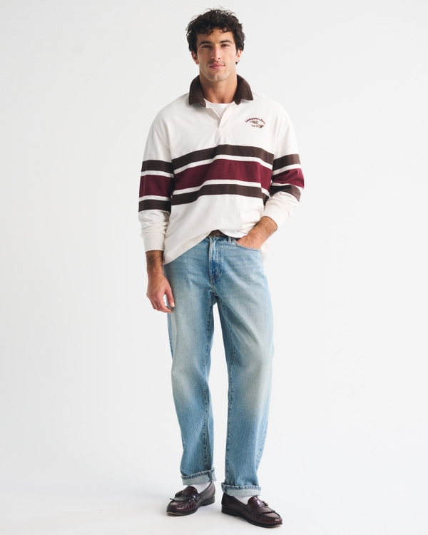 Premium Heavyweight Rugby Polo, Cream Stripe view 2