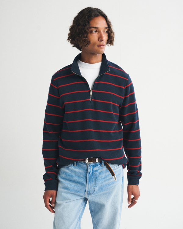 100% Cotton French Rib Half-Zip, Navy Stripe view 1