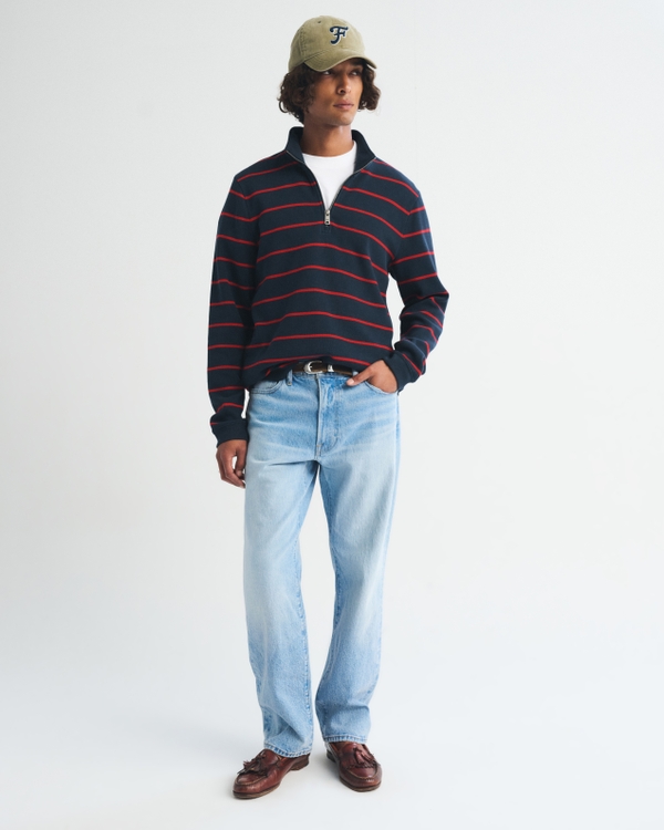 100% Cotton French Rib Half-Zip, Navy Stripe view 2