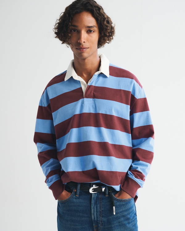 Premium Heavyweight Rugby Polo, Blue Stripe view 1