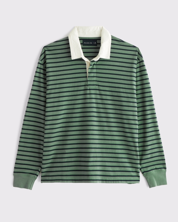 Premium Heavyweight Rugby Polo, Green Stripe view 1
