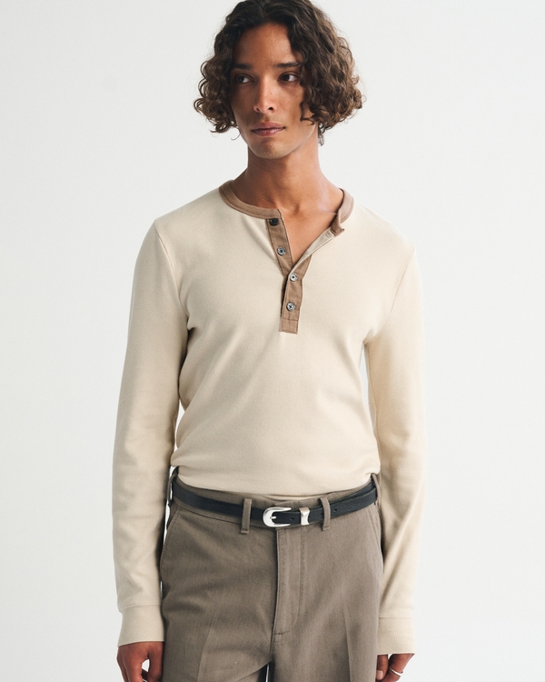 Essential Slim Ribbed Henley, Oatmeal view 1