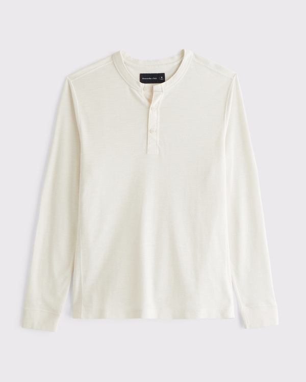 100% Cotton Textured Henley, Cream view 1